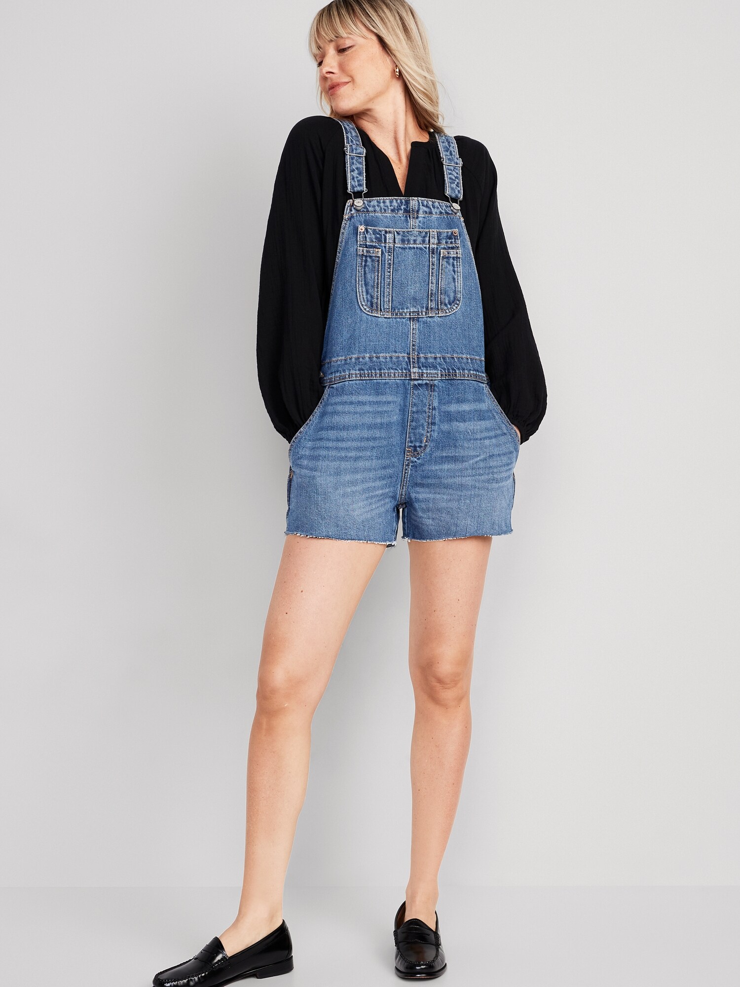 Old Navy Baggy Cut-Off Jean Shortalls for Women -- 3-inch inseam blue. 1