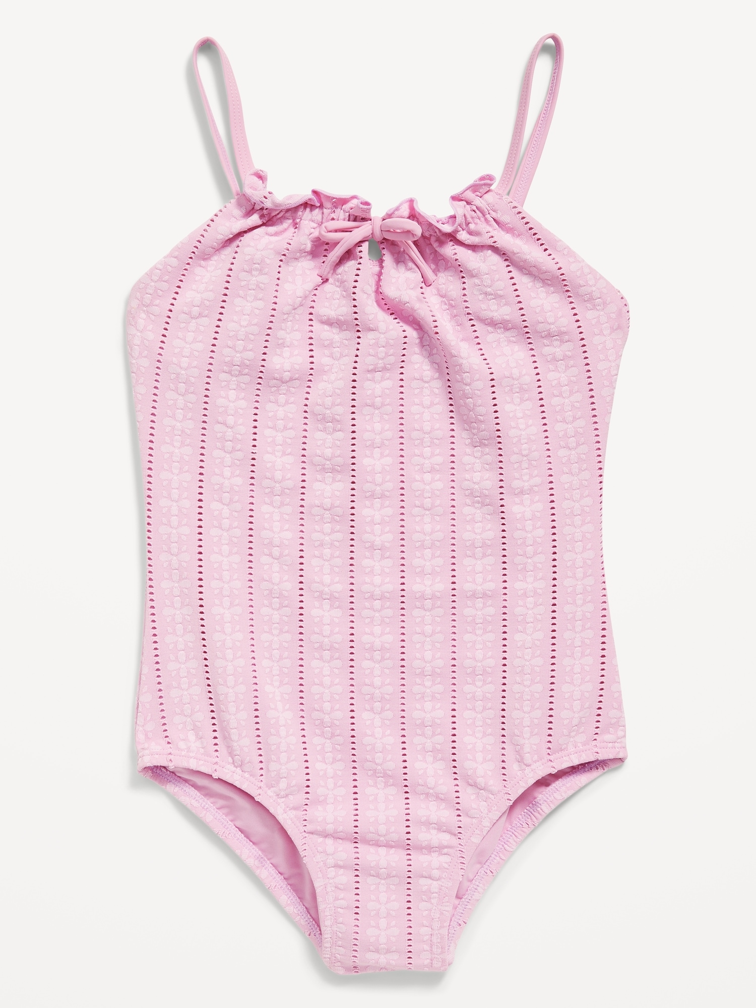 Old Navy Textured-Eyelet Cinch-Tie One-Piece Swimsuit for Girls pink. 1