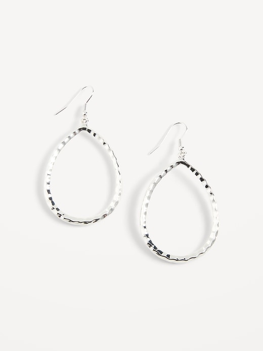 View large product image 1 of 1. Silver-Tone Dangling Hammered Oval Hoop Earrings for Women