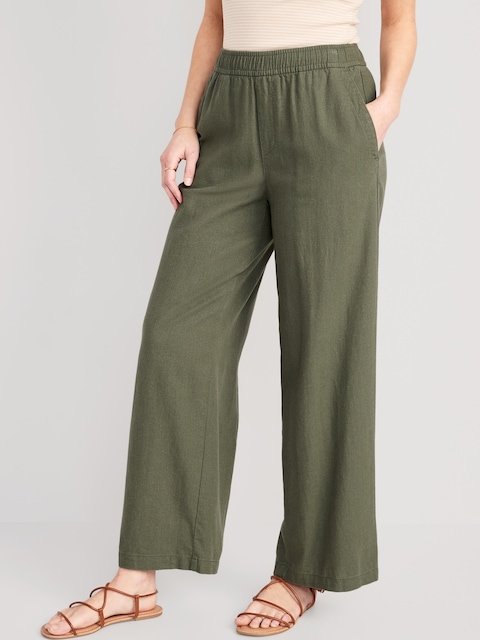 High-Waisted Linen-Blend Wide-Leg Pants - Olive