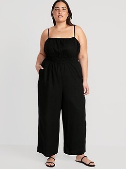 Waist-Defined Linen-Blend Cropped Smocked Cami Jumpsuit for Women