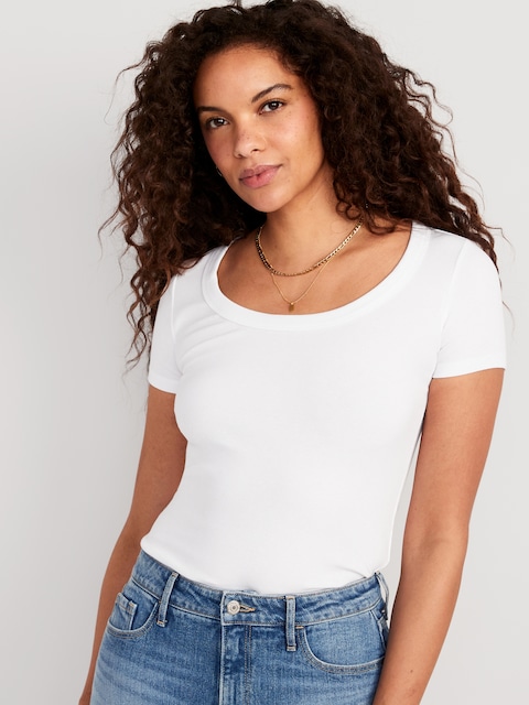 Fitted Scoop-Neck Rib-Knit T-Shirt