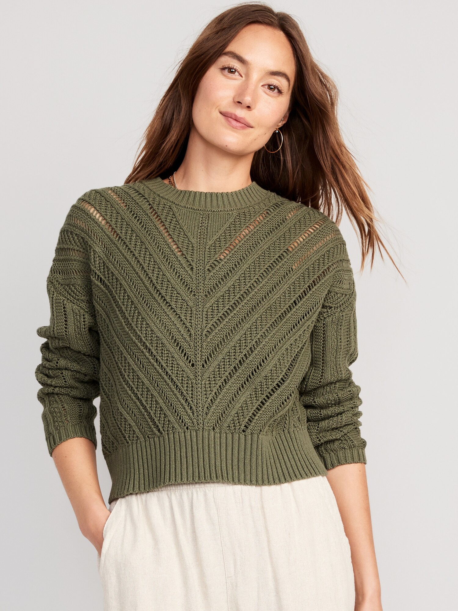 Old Navy Cropped Chevron Open-Knit Sweater for Women green. 1