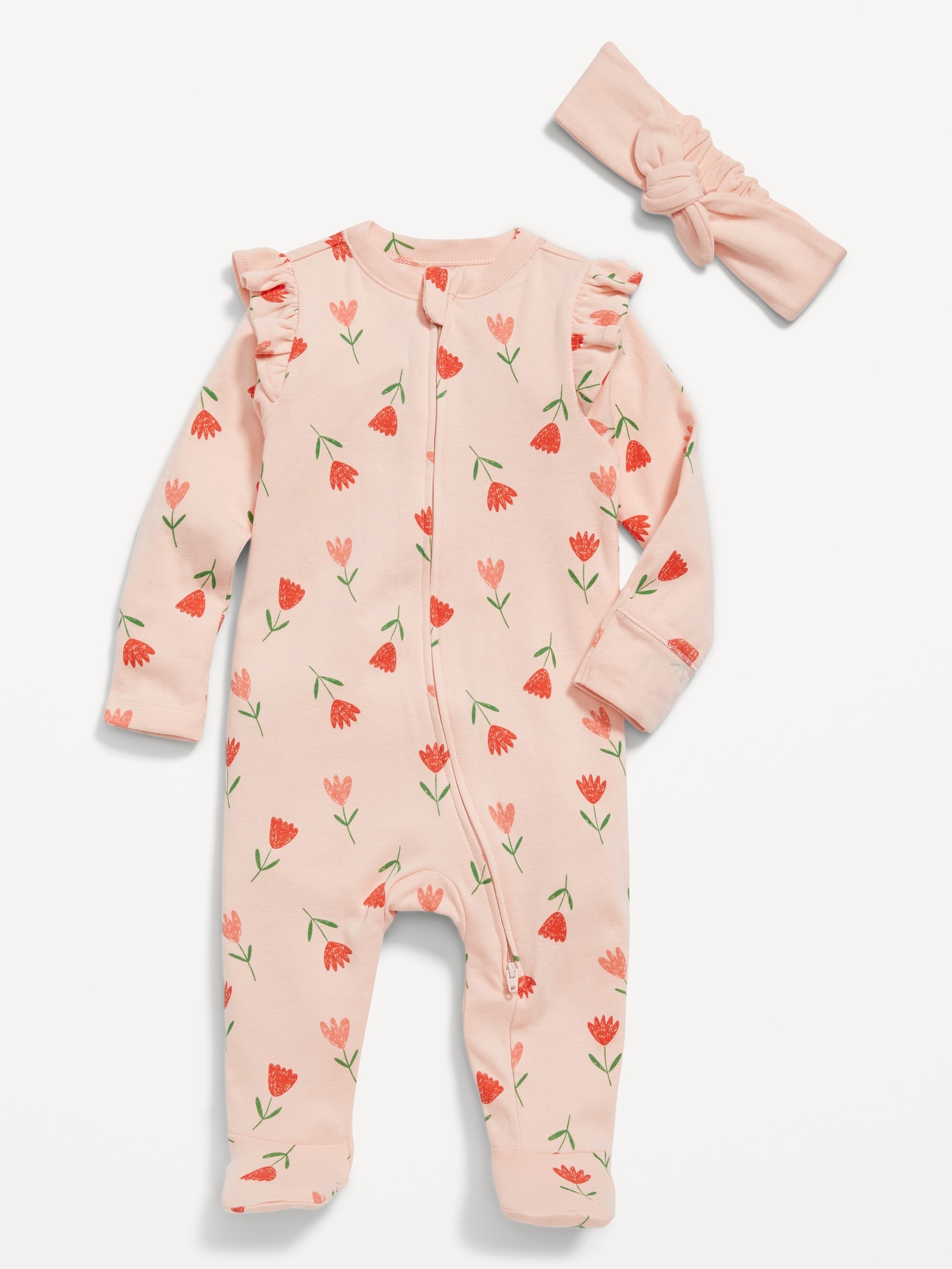 Old Navy Unisex Sleep & Play 2-Way-Zip Footed One-Piece & Headband Layette Set for Baby pink. 1