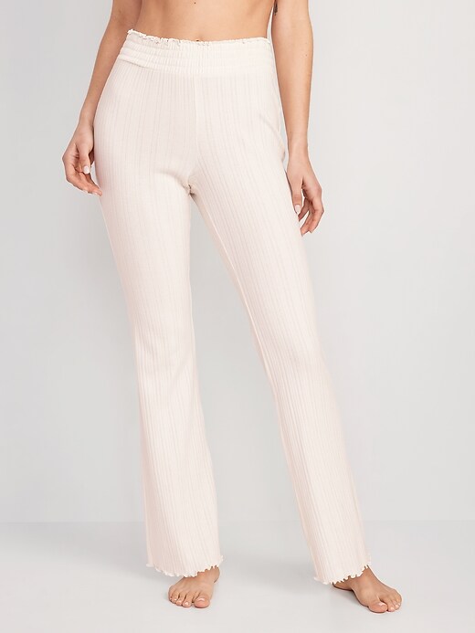 Image number 1 showing, High-Waisted Pointelle-Knit Boot-Cut Pajama Pants