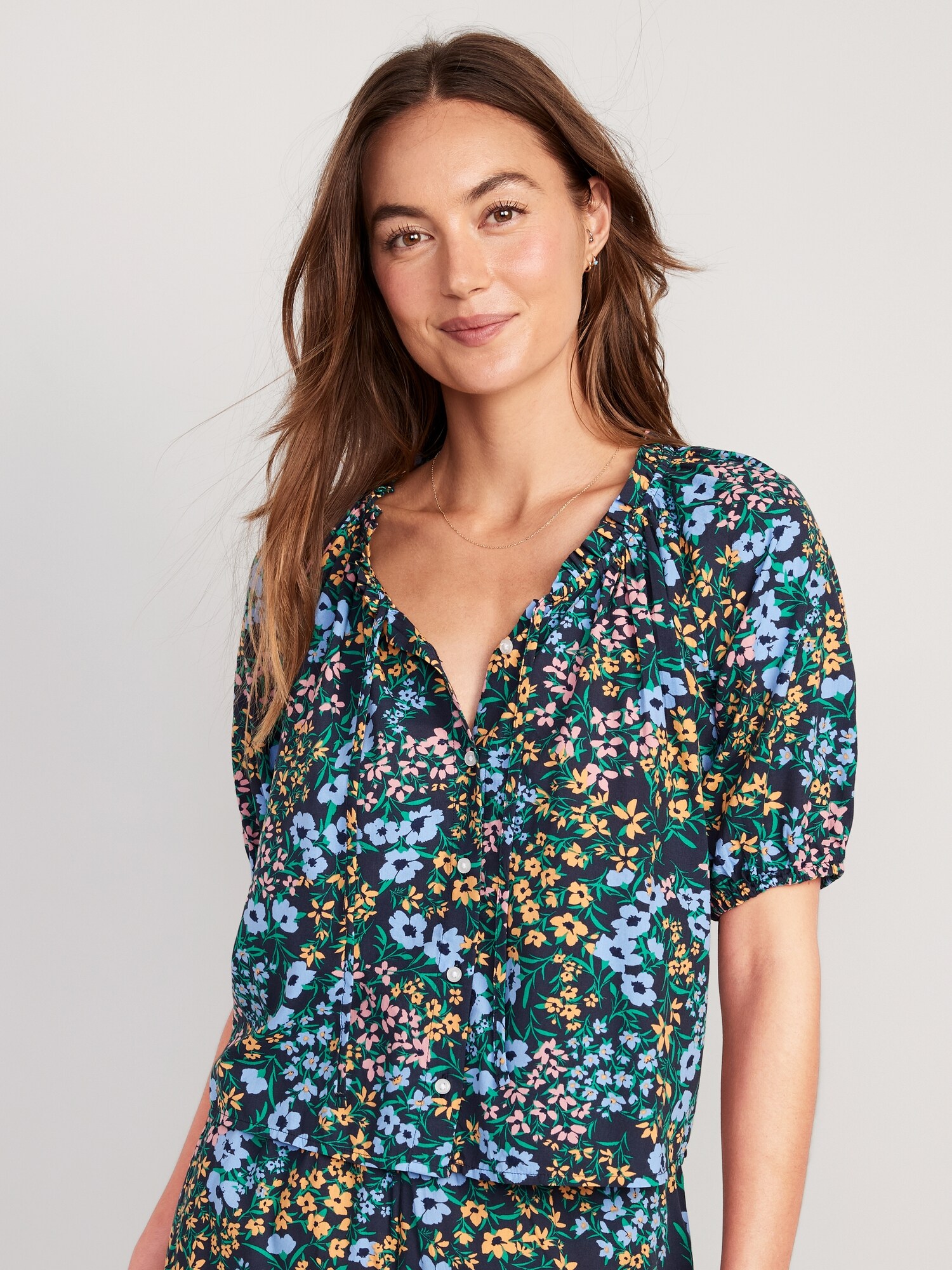 Old Navy Floral Elbow-Sleeve Pajama Swing Top for Women blue. 1