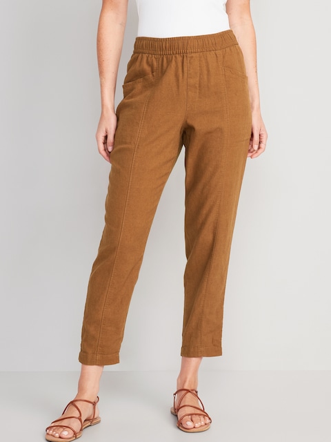 Pantalon effilé 3/4 à taille haute en mélange de lin pour Femme - Beige