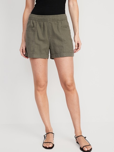 High-Waisted Linen-Blend Utility Shorts -- 3.5-inch inseam