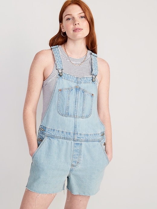Image number 1 showing, Slouchy Straight Non-Stretch Jean Cut-Off Short Overalls -- 3.5-inch inseam