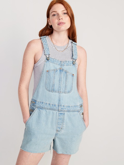Slouchy Straight Non-Stretch Jean Cut-Off Short Overalls -- 3.5-inch inseam