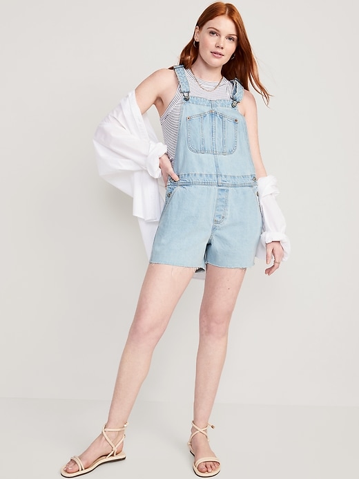 Image number 3 showing, Slouchy Straight Non-Stretch Jean Cut-Off Short Overalls -- 3.5-inch inseam
