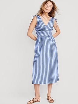 Fit Flare Sleeveless Striped Tie Shoulder Smocked Maxi Dress Old Navy