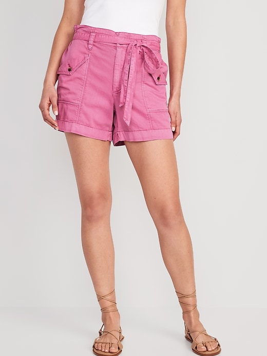 Image number 1 showing, Extra High-Waisted Tie-Front Cargo Workwear Shorts -- 4-inch inseam