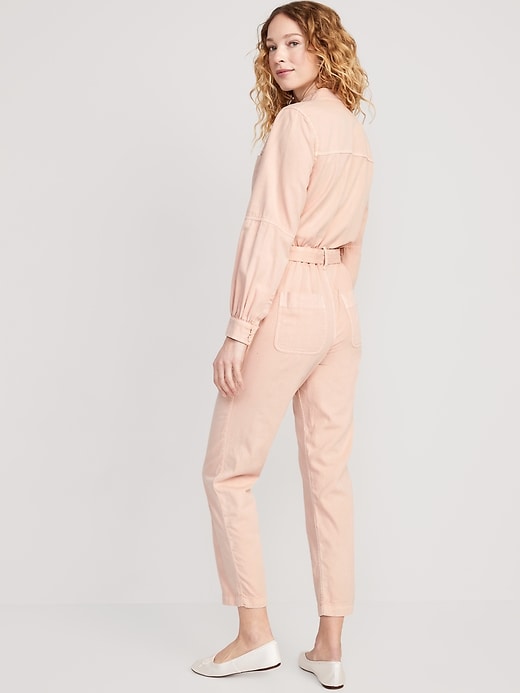 Image number 2 showing, Collarless Tie-Belt Utility Jumpsuit for Women