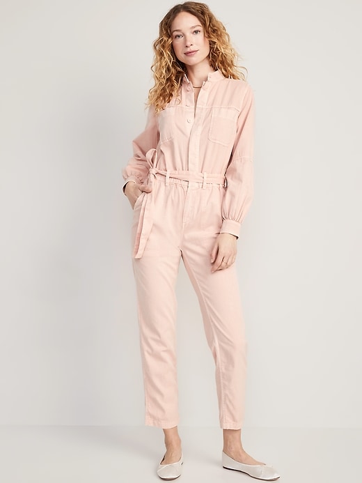 Image number 1 showing, Collarless Tie-Belt Utility Jumpsuit for Women