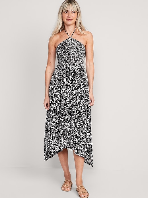 Fit & Flare Printed Crinkled Halter Midi Dress | Old Navy