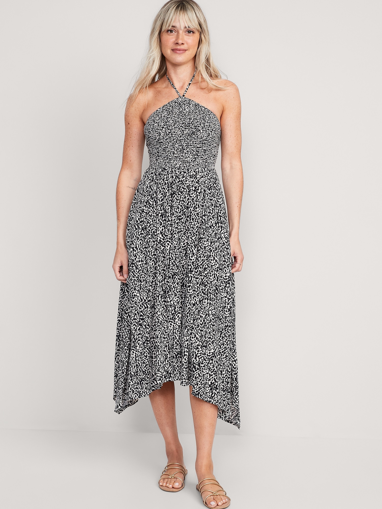 Fit & Flare Printed Crinkled Halter Midi Dress