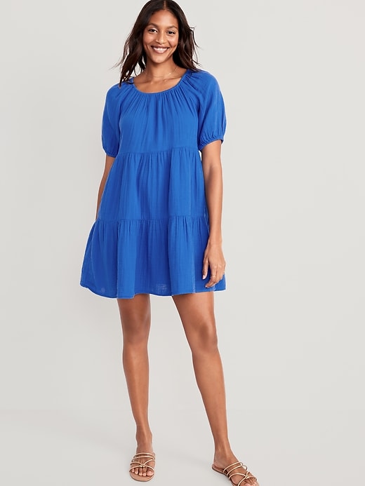 Image number 1 showing, Puff-Sleeve Tiered Mini Swing Dress