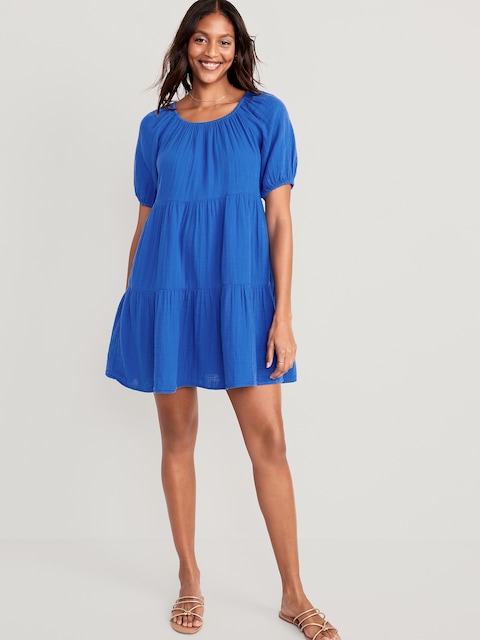 Puff-Sleeve Tiered Mini Swing Dress