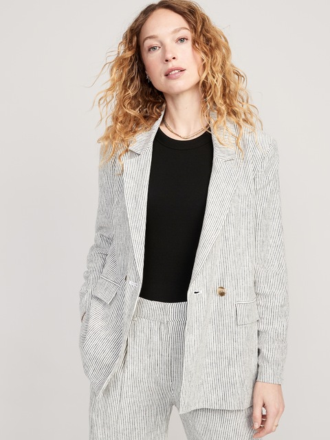 Blazer croisé en mélange de lin à rayures pour Femme