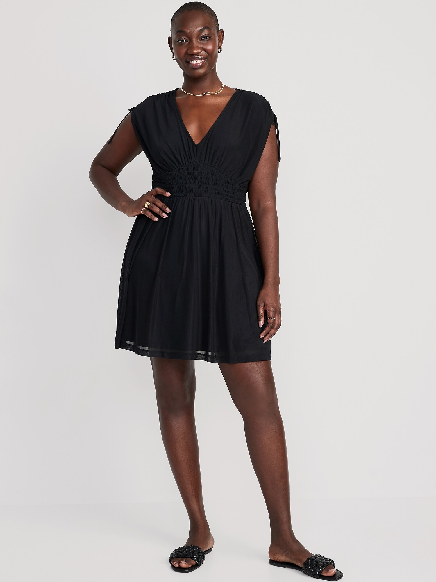 Waist-Defined Sleeveless Tie-Shoulder Smocked Mesh Mini Dress | Old Navy