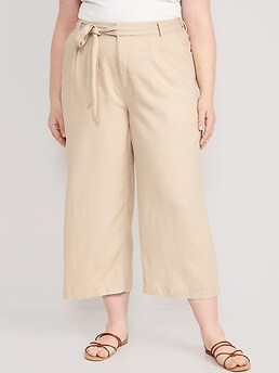 High-Waisted Linen-Blend Cropped Wide-Leg Pants for Women