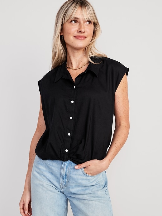 View large product image 1 of 1. Dolman-Sleeve Twist-Front Button-Down Shirt