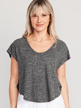 Linen-Blend Cropped Voop-Neck T-Shirt for Women