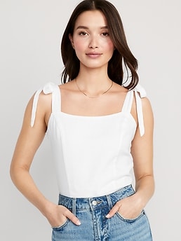 Fitted Linen-Blend Tie-Shoulder Cropped Corset Cami Top for Women