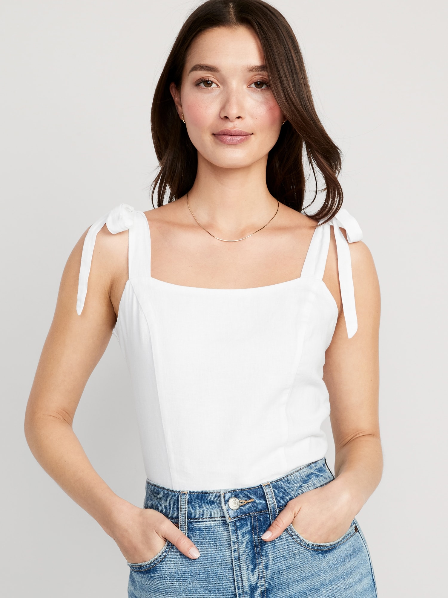 Old Navy Fitted Linen-Blend Tie-Shoulder Cropped Corset Cami Top for Women white. 1