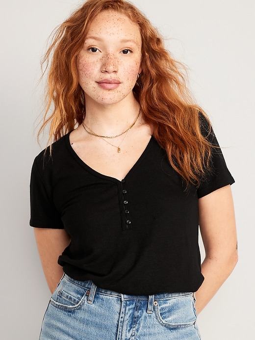 Linen-Blend V-Neck Henley T-Shirt for Women | Old Navy