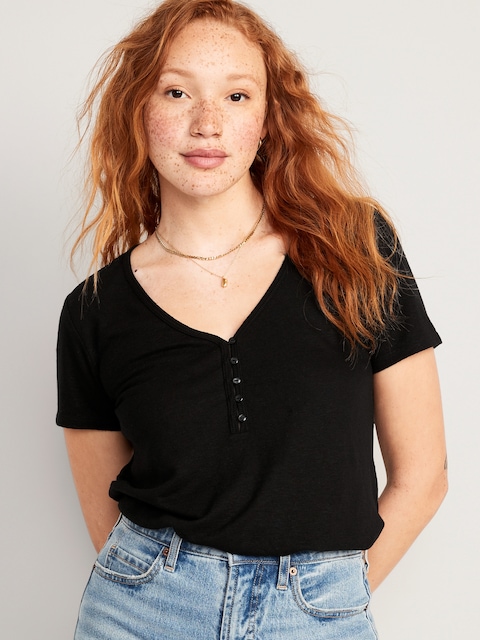 Linen-Blend V-Neck Henley T-Shirt - Black Jack