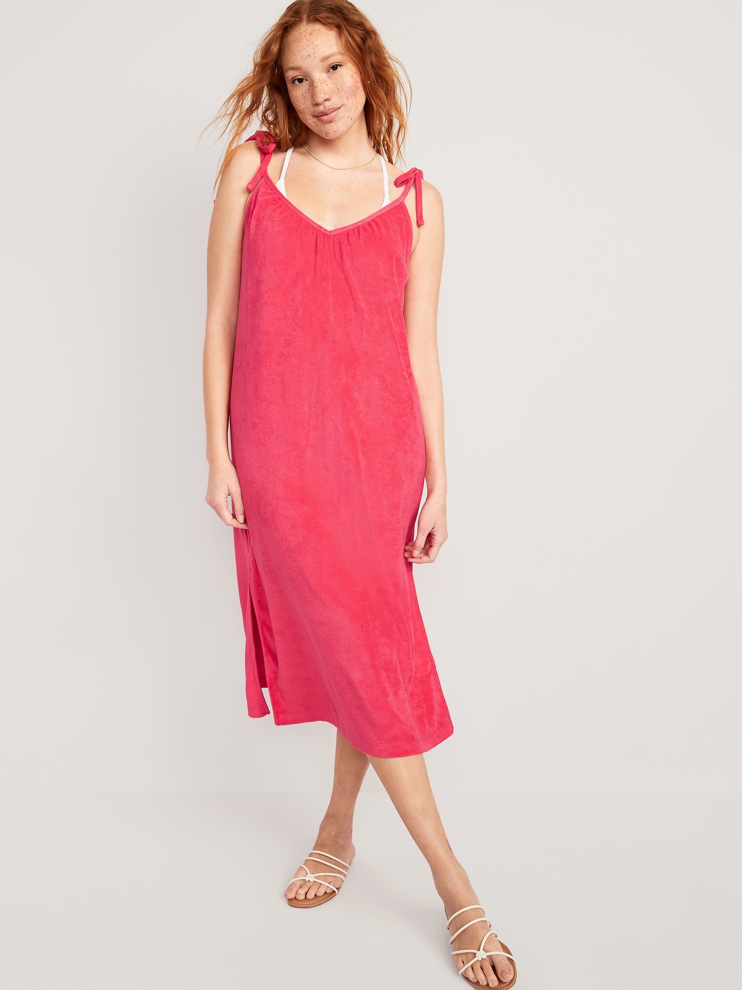 Old Navy Tie-Shoulder V-Neck Terry Midi Swing Dress for Women pink. 1