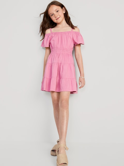 Off-The-Shoulder Tiered Swing Dress for Girls - Pink