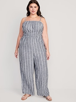 Striped Linen-Blend Cropped Smocked Cami Wide-Leg Jumpsuit for Women