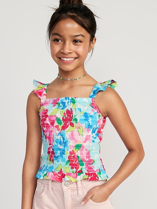 View large product image 1 of 4. Printed Flutter-Sleeve Smocked Top for Girls