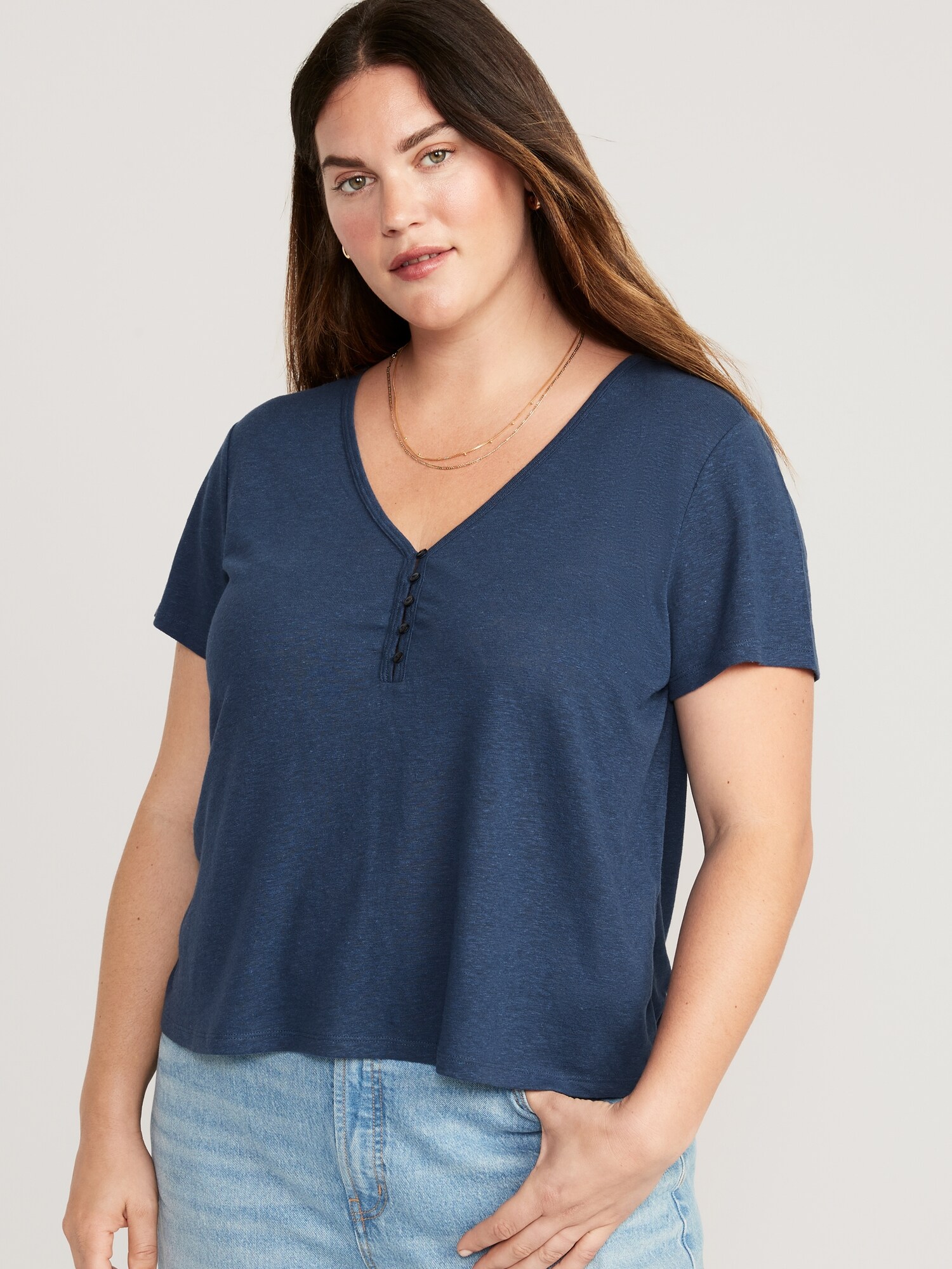 Linen-Blend V-Neck Henley T-Shirt | Old Navy