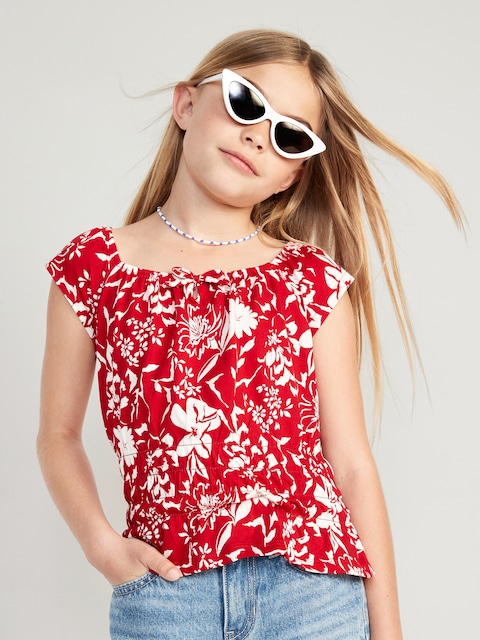 Haut smocké sans manches à motifs pour Fille - Rouge