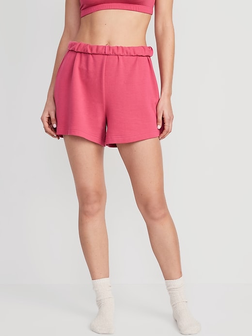 Image number 1 showing, High-Waisted Roll-Down Snuggly Fleece Pajama Sweat Shorts -- 4-inch inseam