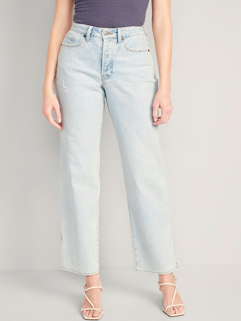Curvy Button-Fly High-Waisted OG Loose Side-Split Jeans - Blue