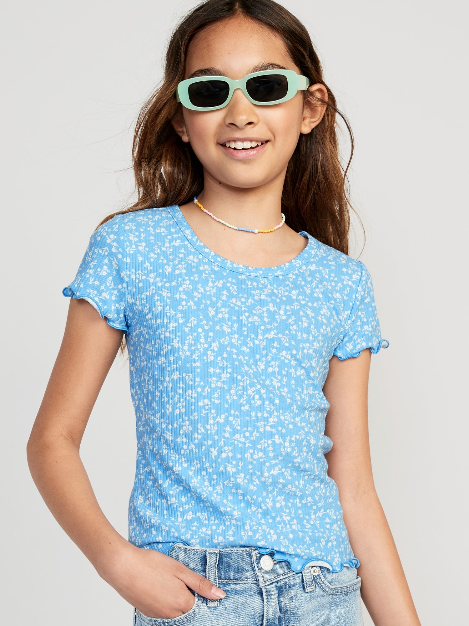 Old Navy - Printed Rib-Knit Lettuce-Edge T-Shirt for Girls multi