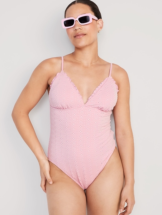 Eyelet-Embroidered V-Neck Ruffle-Trimmed One-Piece Swimsuit