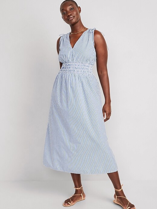 Image number 3 showing, Fit & Flare Sleeveless Striped Tie-Shoulder Smocked Maxi Dress