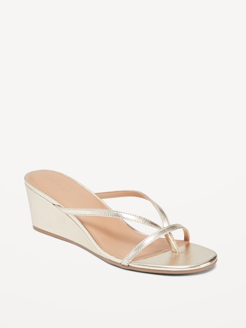 Faux-Leather Wedge Thong Sandals