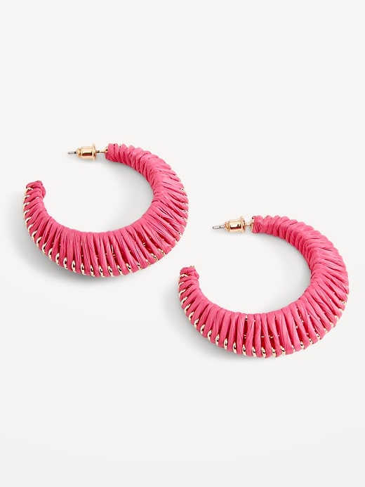 View large product image 1 of 1. Raffia-Woven Moon Hoop Earrings for Women