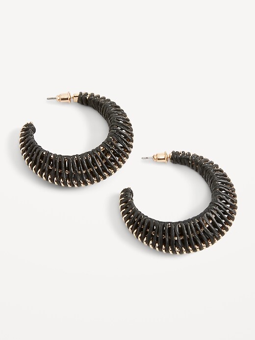 View large product image 1 of 1. Raffia-Woven Moon Hoop Earrings for Women