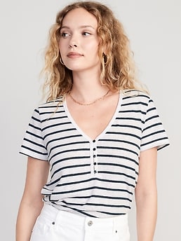 Striped Linen-Blend V-Neck Henley T-Shirt for Women