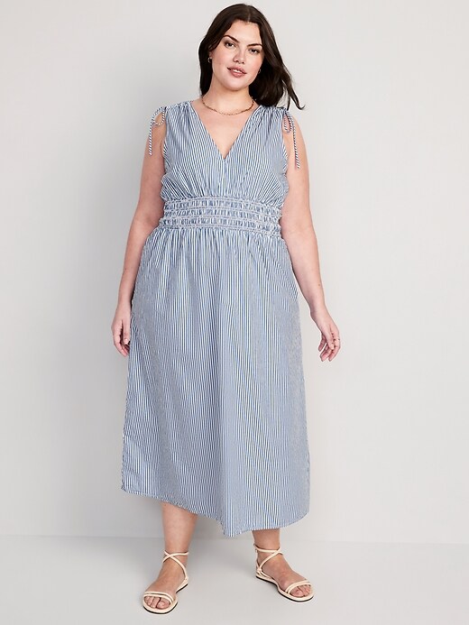 Image number 5 showing, Fit & Flare Sleeveless Striped Tie-Shoulder Smocked Maxi Dress