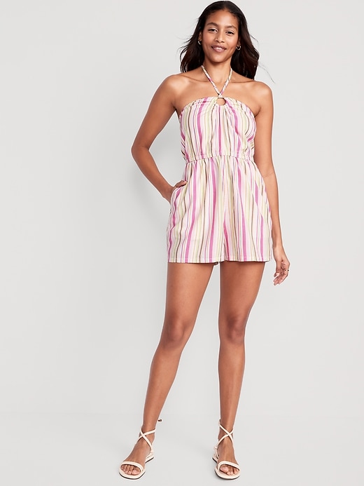 Image number 1 showing, Striped O-Ring Halter Romper -- 3.5-inch inseam