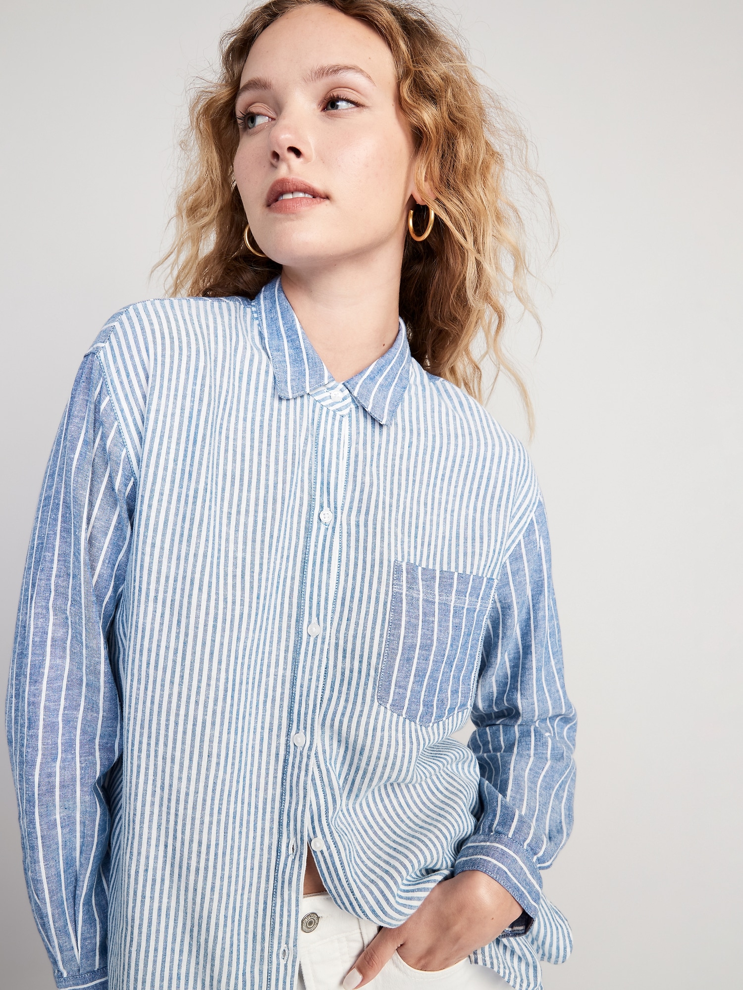 Linen-Blend Striped Boyfriend Shirt